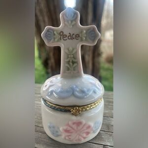 Porcelain 'Peace' Cross Trinket Box - White with Pastel Accents